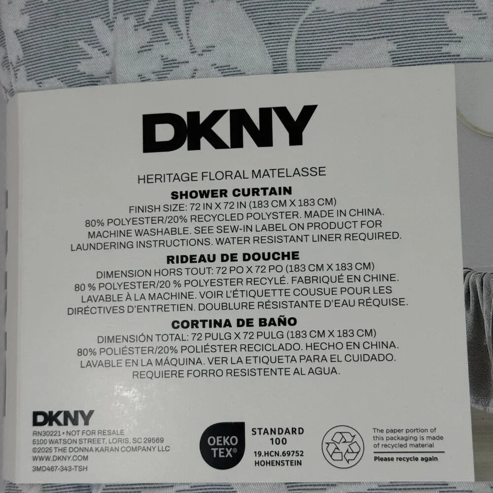 DKNY Heritage Floral Matelasse Shower Curtain Grey/White 72x72 Textured Fabric